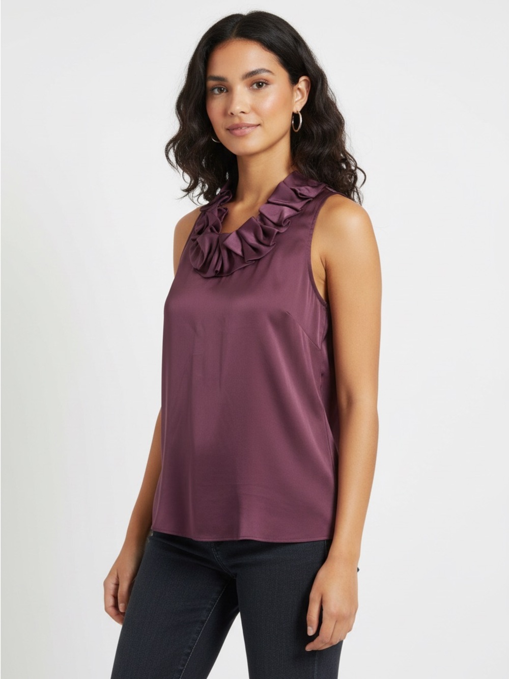 Ann Taylor ruffle collar sleeveless satin tank top zip maroon burgundy wine 2P